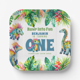 キュート恐竜テーマ1stバースデーボーイウォータースカラー ペーパープレート