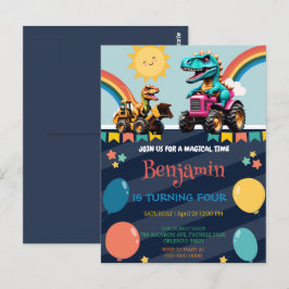 キュート恐竜トラクターレインボーバルーン誕生日ボーイ ポストカード