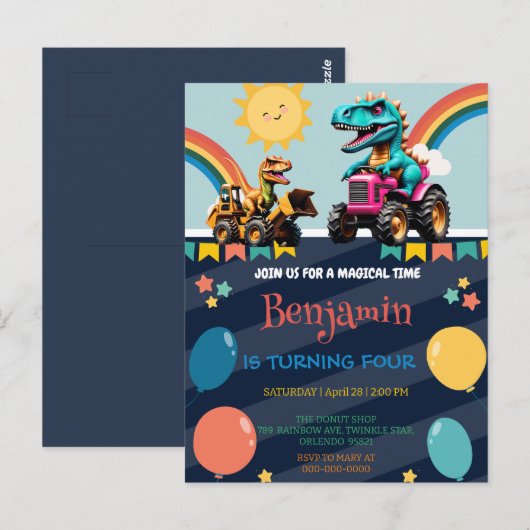 キュート恐竜トラクターレインボーバルーン誕生日ボーイ ポストカード (正面/裏面)