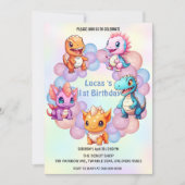 キュート恐竜バルーンスクール子供の誕生日パーティー 招待状 (正面)