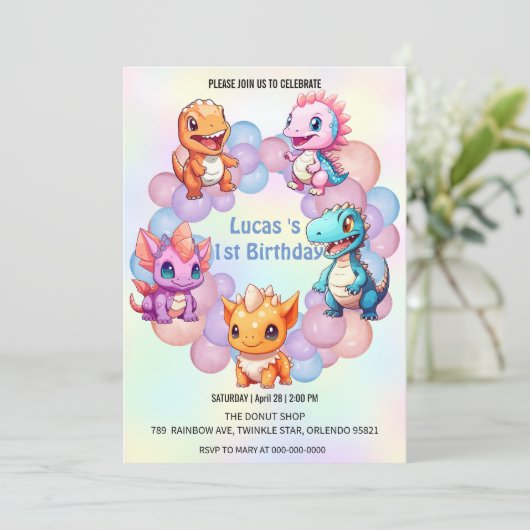 キュート恐竜バルーンスクール子供の誕生日パーティー 招待状 (スタンド正面)