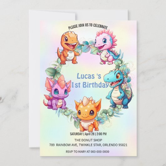 キュート恐竜バルーンスクール子供の誕生日パーティー 招待状 (正面)