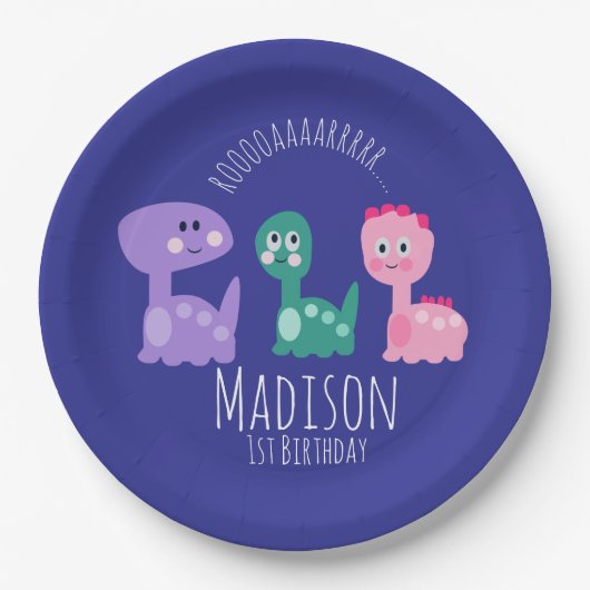 キュート恐竜バースデーパーティーカラフル招待状 ペーパープレート (正面)