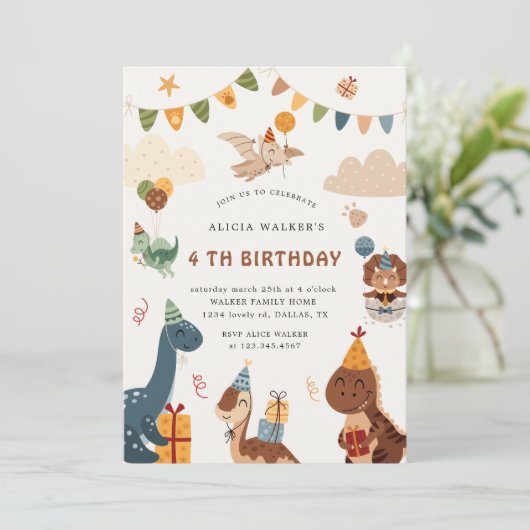 キュート恐竜パーティー動物子供の誕生日 招待状 (スタンド正面)