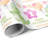 キュート恐竜パーティー旗風船子供の誕生日 ラッピングペーパー (ロールコーナー)