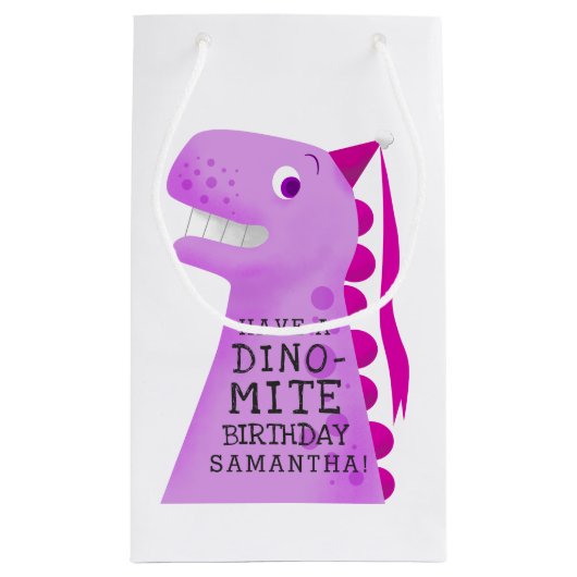 キュート恐竜ピンクパーソナライズされた誕生日 スモールペーパーバッグ (裏面)