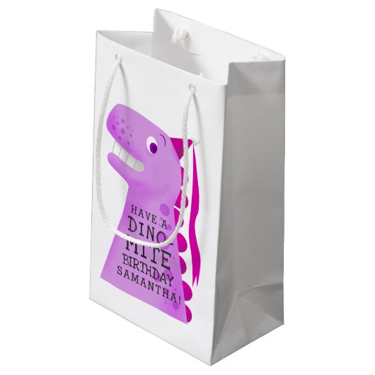 キュート恐竜ピンクパーソナライズされた誕生日 スモールペーパーバッグ (裏面アングル)