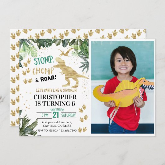 キュート恐竜ファースト誕生日 招待状 (正面/裏面)