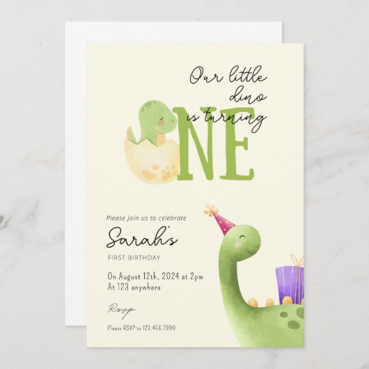 キュート恐竜ファースト誕生日 招待状 (正面/裏面)