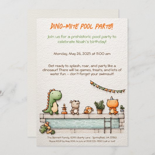 キュート恐竜プールパーティー誕生日招待状 招待状 (正面/裏面)