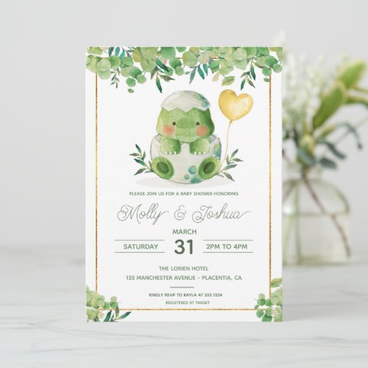 キュート恐竜ベイビーシャワーグリーンリーディノ招待状 招待状 (スタンド正面)