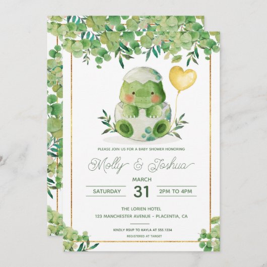 キュート恐竜ベイビーシャワーグリーンリーディノ招待状 招待状 (正面/裏面)