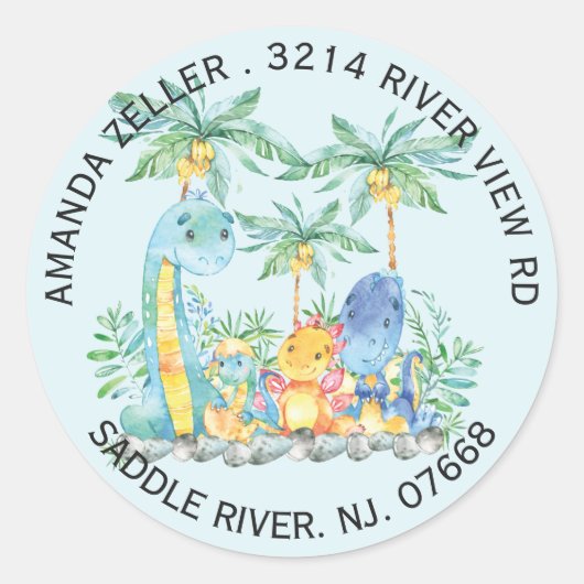 キュート恐竜ベイビーシャワー差出人住所ラベル ラウンドシール (正面)