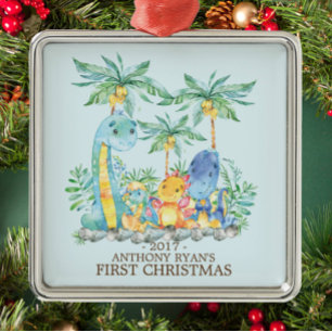 キュート恐竜ベビー初めてのクリスマスオーナメント メタルオーナメント