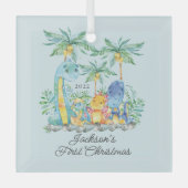 キュート恐竜ベビー初めてのクリスマス ガラスオーナメント (正面)