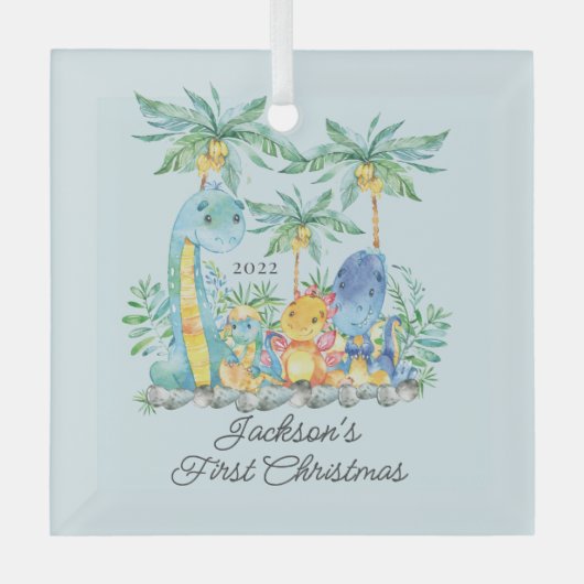 キュート恐竜ベビー初めてのクリスマス ガラスオーナメント (正面)