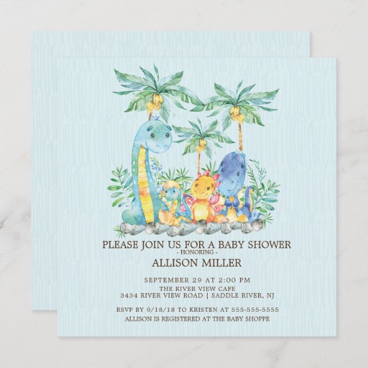 キュート恐竜ボーイズ赤ちゃんシャワー招待状 招待状 (正面/裏面)