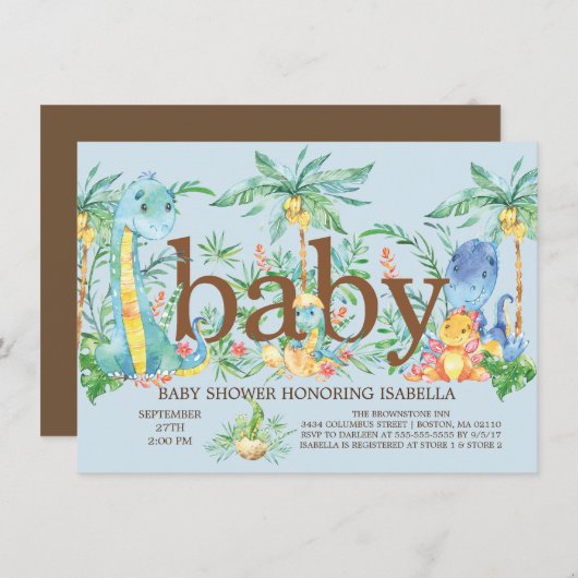 キュート恐竜ボーイズ赤ちゃんシャワー招待状 招待状 (正面/裏面)