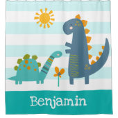 キュート恐竜ボーイブルーストライプおもしろいかわいい シャワーカーテン (正面)