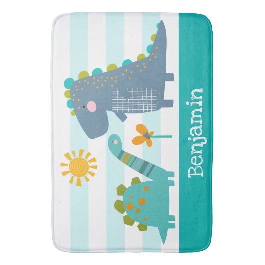 キュート恐竜ボーイブルーストライプおもしろいかわいい バスマット (正面縦)