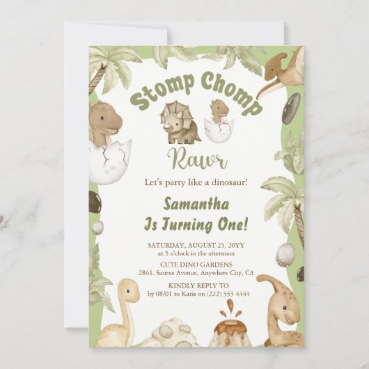 キュート恐竜ボーイ誕生日ディノパーティー 招待状 (正面)