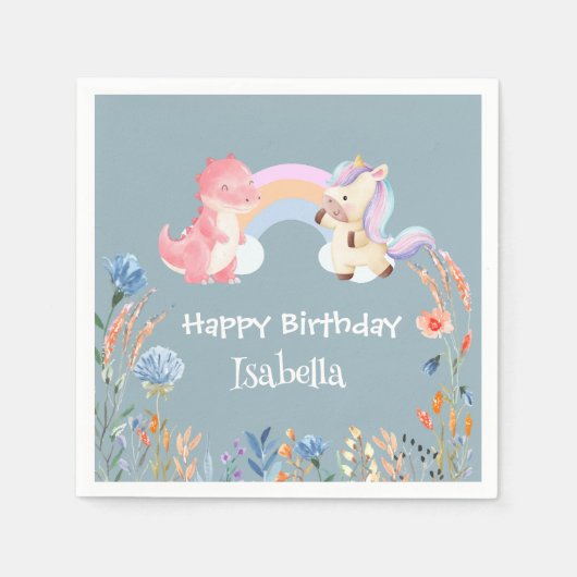 キュート恐竜ユニコーン虹の花の誕生日ガール スタンダードカクテルナプキン (正面)