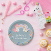 キュート恐竜ユニコーン虹の花の誕生日ガール ペーパープレート (パーティー)