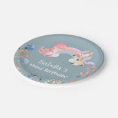 キュート恐竜ユニコーン虹の花の誕生日ガール ペーパープレート (アングル)