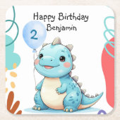 キュート恐竜ワイルドボーイハッピーバースデーパーティー スクエアペーパーコースター (正面)