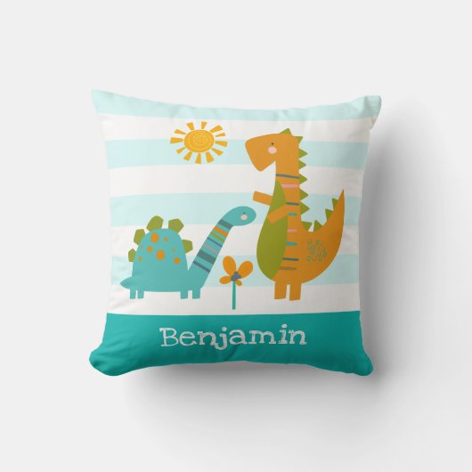 キュート恐竜男の赤ちゃんターコイズストライプかわいい クッション (正面)