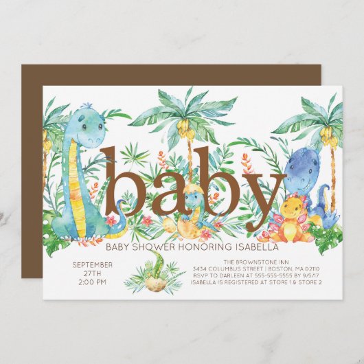 キュート恐竜男女兼用赤ちゃんシャワー招待状 招待状 (正面/裏面)