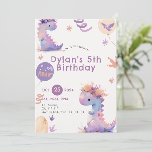 キュート恐竜誕生日招待状ガールウィミカル 招待状 (スタンド正面)