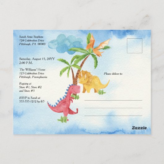 キュート恐竜遊の少年の赤ちゃんシャワー招待状 ポストカード (裏面)