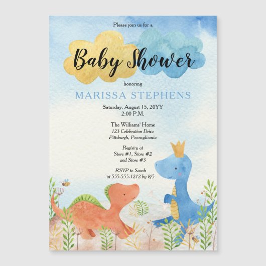 キュート恐竜遊の少年の赤ちゃんシャワー招待状 マグネット招待状 (正面)