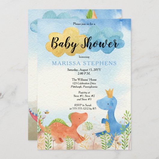 キュート恐竜遊の少年の赤ちゃんシャワー招待状 招待状 (正面/裏面)