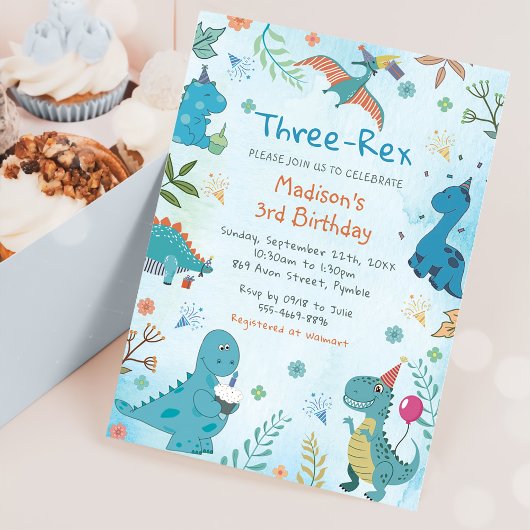 キュート恐竜3歳レックス3歳パーティー 招待状