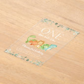 キュート恐竜、Tレックス、ジュラシック、ファースト誕生日 アクリル招待状 (レイダウン)