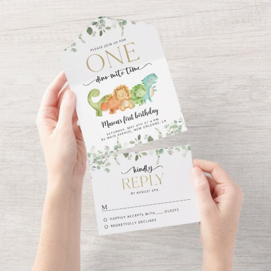 キュート恐竜、Tレックス、ジュラシック、ファースト誕生日 オールインワン招待状 (貼ってはがせる)