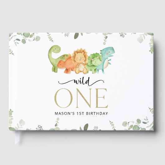 キュート恐竜、Tレックス、ジュラシック、ファースト誕生日 ゲストブック (正面)