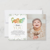 キュート恐竜、Tレックス、ジュラシック、ファースト誕生日 サンキューカード (正面)