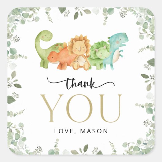 キュート恐竜、Tレックス、ジュラシック、ファースト誕生日 スクエアシール (正面)