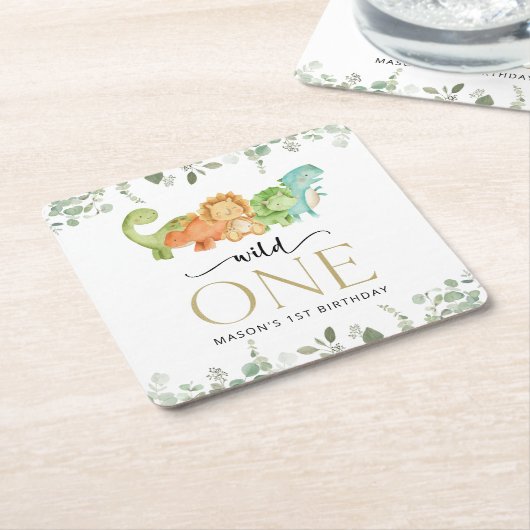 キュート恐竜、Tレックス、ジュラシック、ファースト誕生日 スクエアペーパーコースター (アングル)