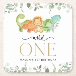 キュート恐竜、Tレックス、ジュラシック、ファースト誕生日 スクエアペーパーコースター