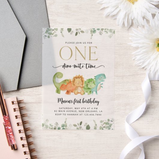 キュート恐竜、Tレックス、ジュラシック、ファースト誕生日 ベラム紙招待状 (ウェディング)