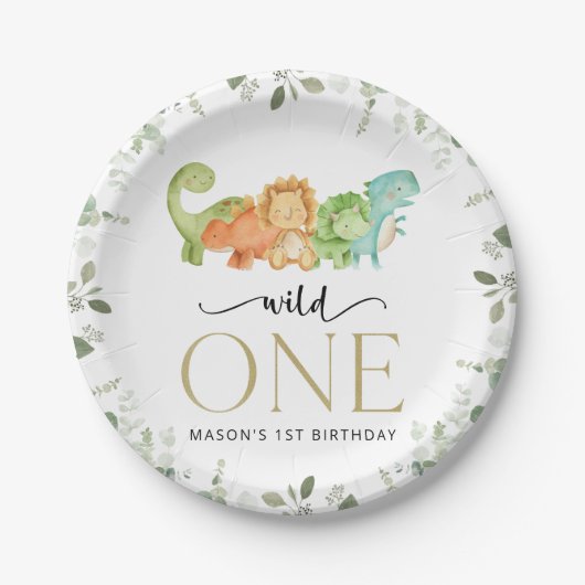 キュート恐竜、Tレックス、ジュラシック、ファースト誕生日 ペーパープレート (正面)