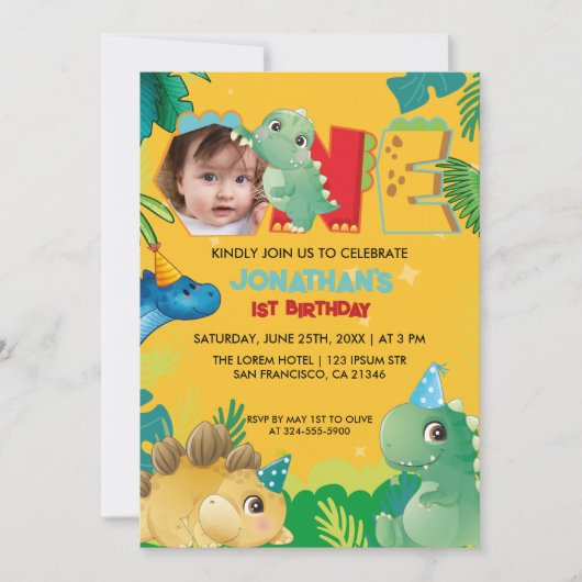 キュート恐竜Dinoパーティー第1カラフル誕生日 招待状 (正面)