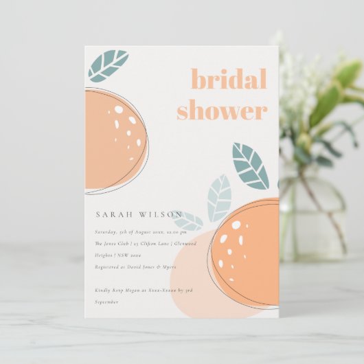 キュート抽象芸術オレンジフルーティはっきりしたブライダルシャワー 招待状 (スタンド正面)