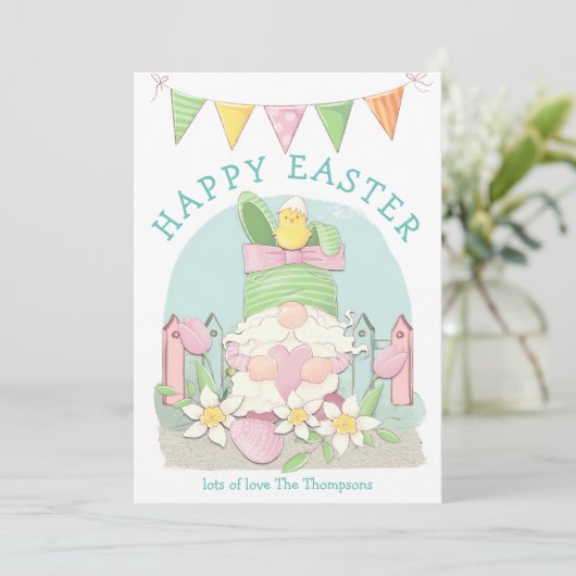 キュート格言バニーシック花模様ティール（緑がかった色）ハッピーイースター シーズンカード (スタンド正面)