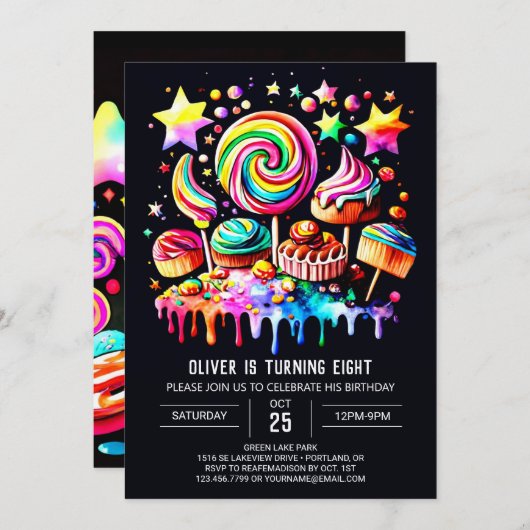 キュート棒つきキャンデーワンダーランド誕生日 招待状 (正面/裏面)