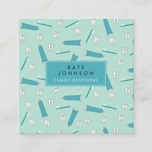 キュート歯ティール（緑がかった色）ミント歯科医QRコードソーシャルメディア スクエア名刺 (正面)